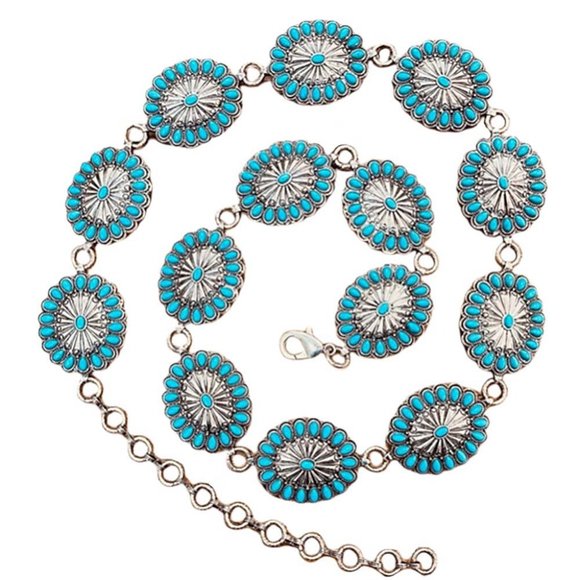 Turquoise Natural Stone Antique Metal Squash Blossom Boho Westen Style Link Belt - Picture 2 of 2